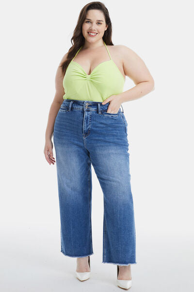 An image featuring a woman wearing wide leg jeans, exuding casual coolness and contemporary style