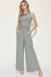 An image showcasing a person wearing a wide leg pants set, radiating casual coolness and effortless style.