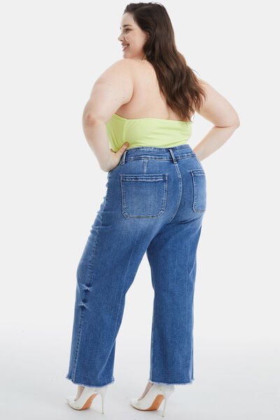 An image featuring a woman wearing wide leg jeans, exuding casual coolness and contemporary style